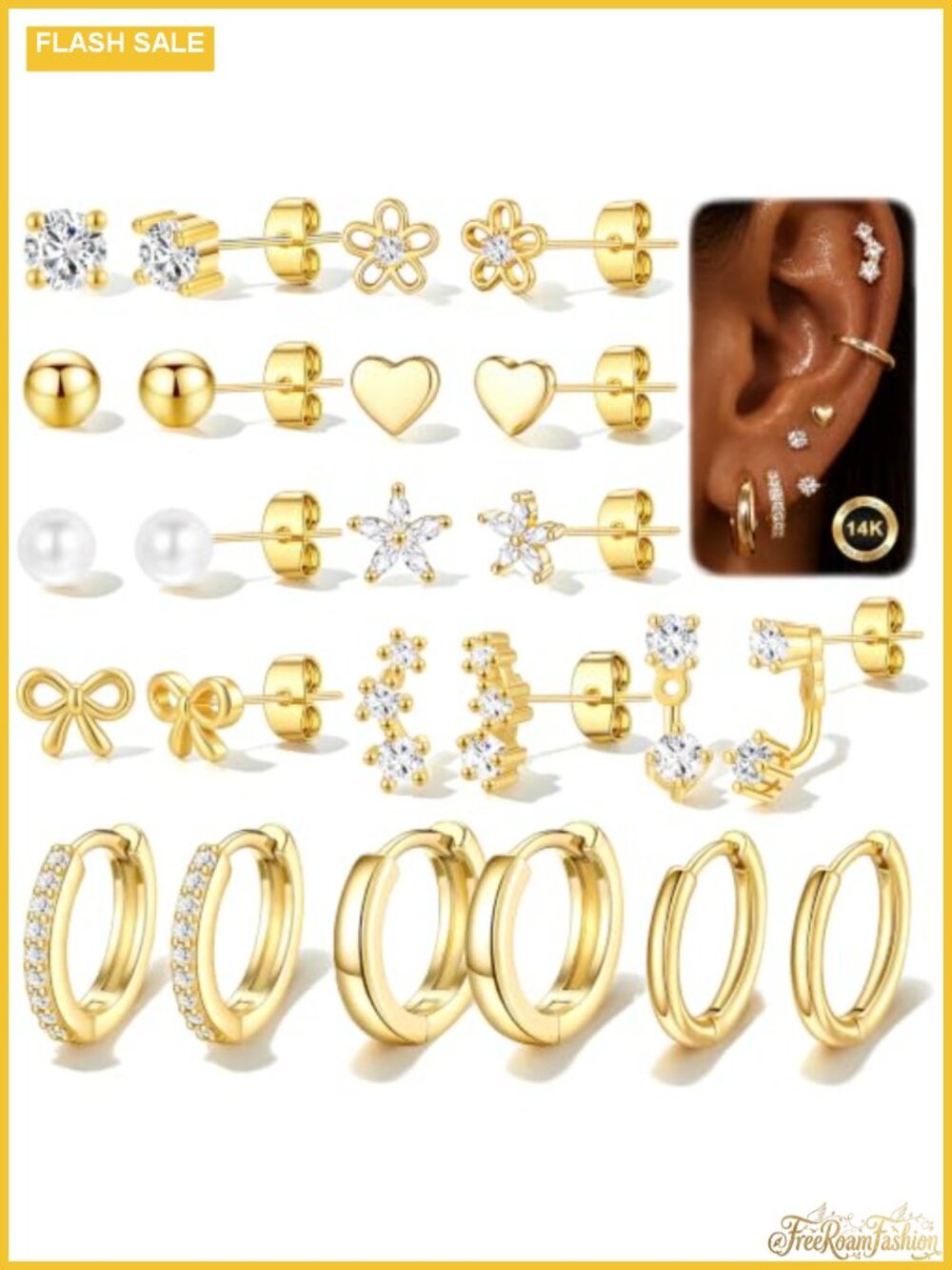 12 Pairs Small Stud Earrings Set, Hypoallergenic 14K Gold Plated Earrings